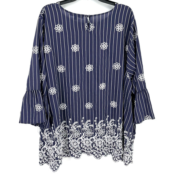 New Calessa Blue Stripe Embroidered Floral Tunic Top Shirt Size PL Petite Large - Picture 4 of 6